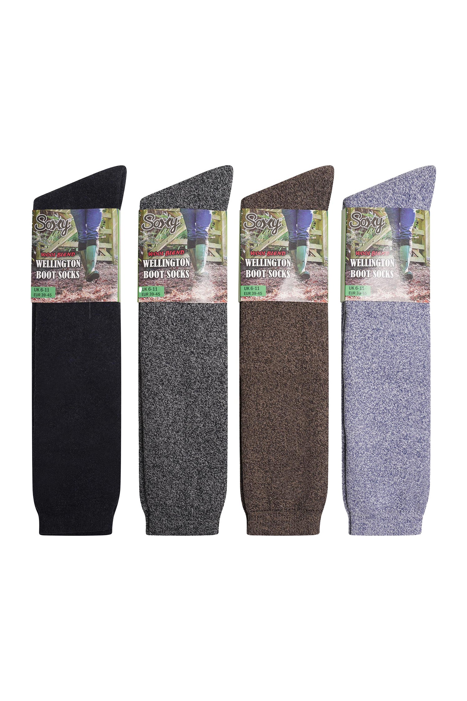 Mens Thermal Wool Blend Long Wellington Boot Socks - Assorted Colours (Blue, Black, Grey and Brown) (4 Pack)