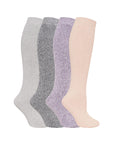 Ladies Wool Blend Long Wellington Boot Socks, Women's Welly Socks- Assorted Colours (Cream, Purple, Dark Grey and Light Grey) (4 Pack)