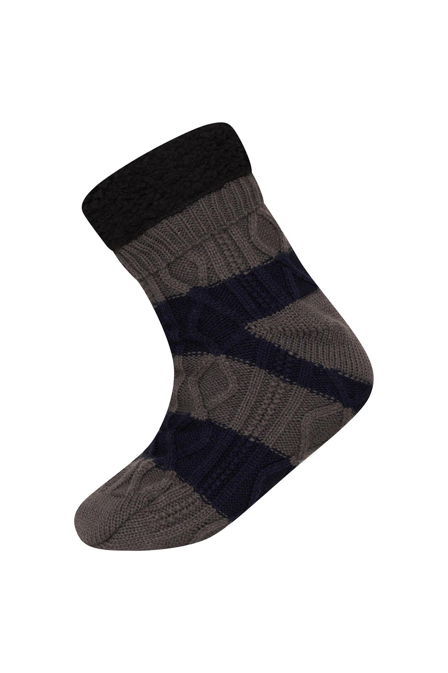 Mens Slipper Socks, Sherpa Lined with Anti Slip Grippers - Navy/Grey (1 Pack)