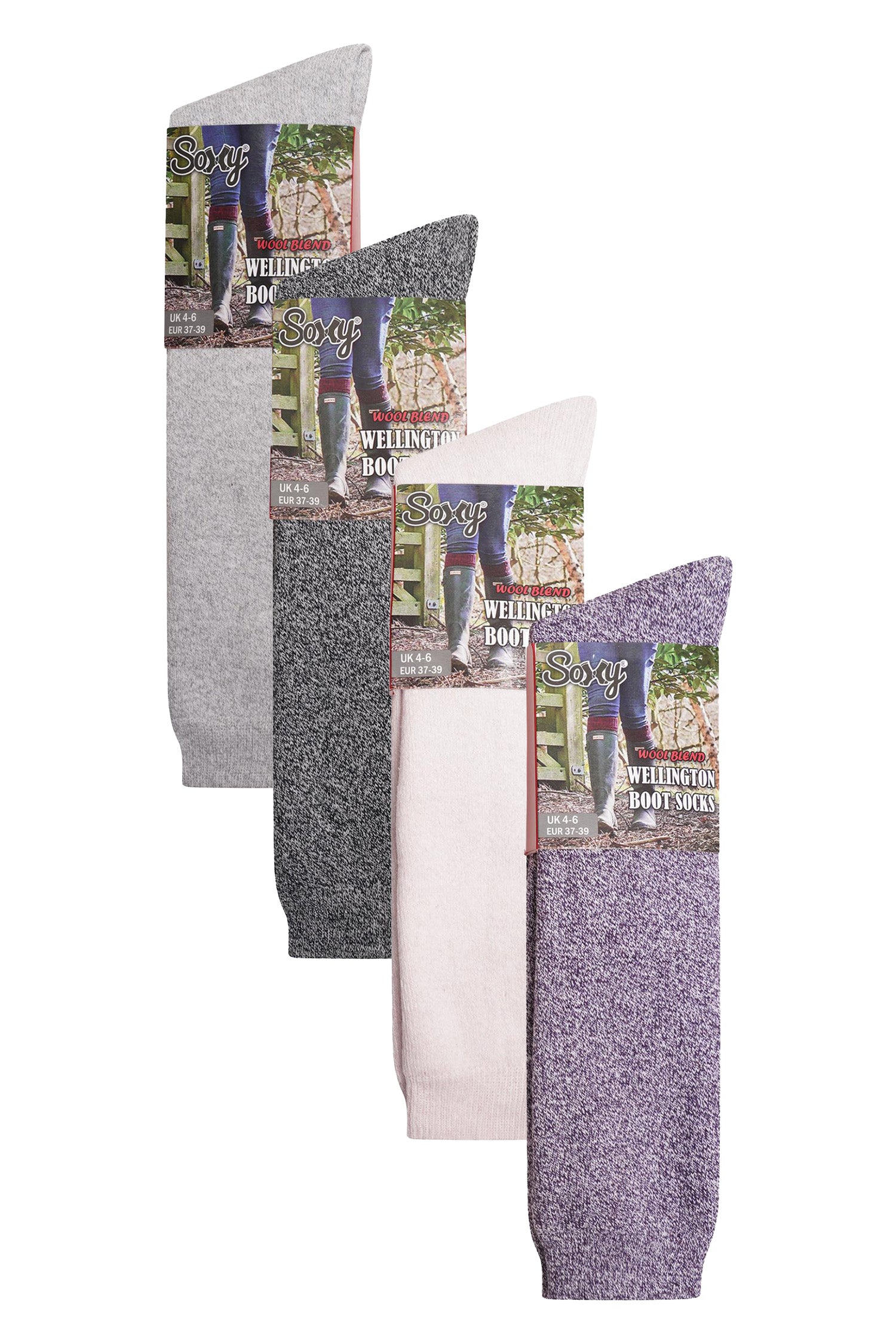 Ladies Wool Blend Long Wellington Boot Socks, Women&#39;s Welly Socks- Assorted Colours (Cream, Purple, Dark Grey and Light Grey) (4 Pack)