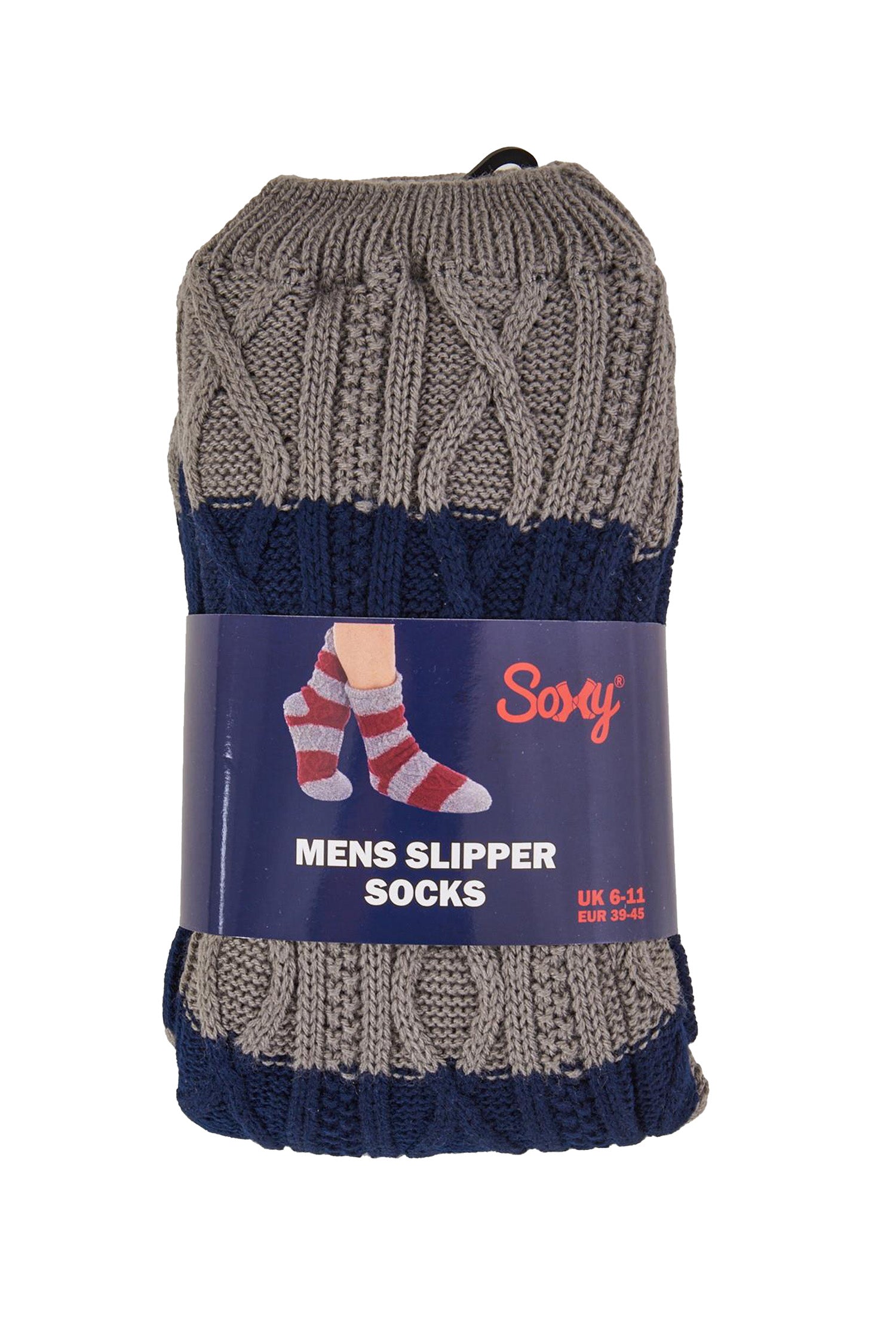 Mens Slipper Socks, Sherpa Lined with Anti Slip Grippers - Navy/Grey (1 Pack)