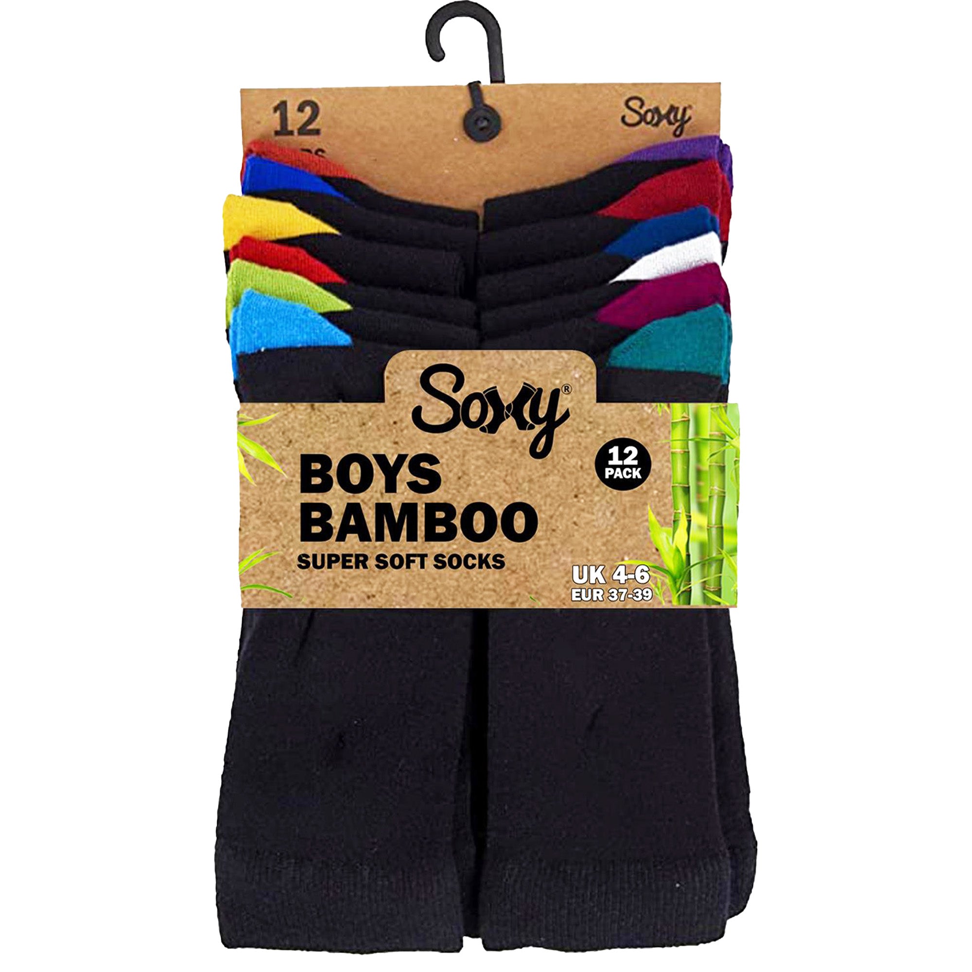 Boys and Girls Bamboo Socks, Anti Bacterial and Breathable - Black Socks with Colour Heel and Toe (12 Pack)