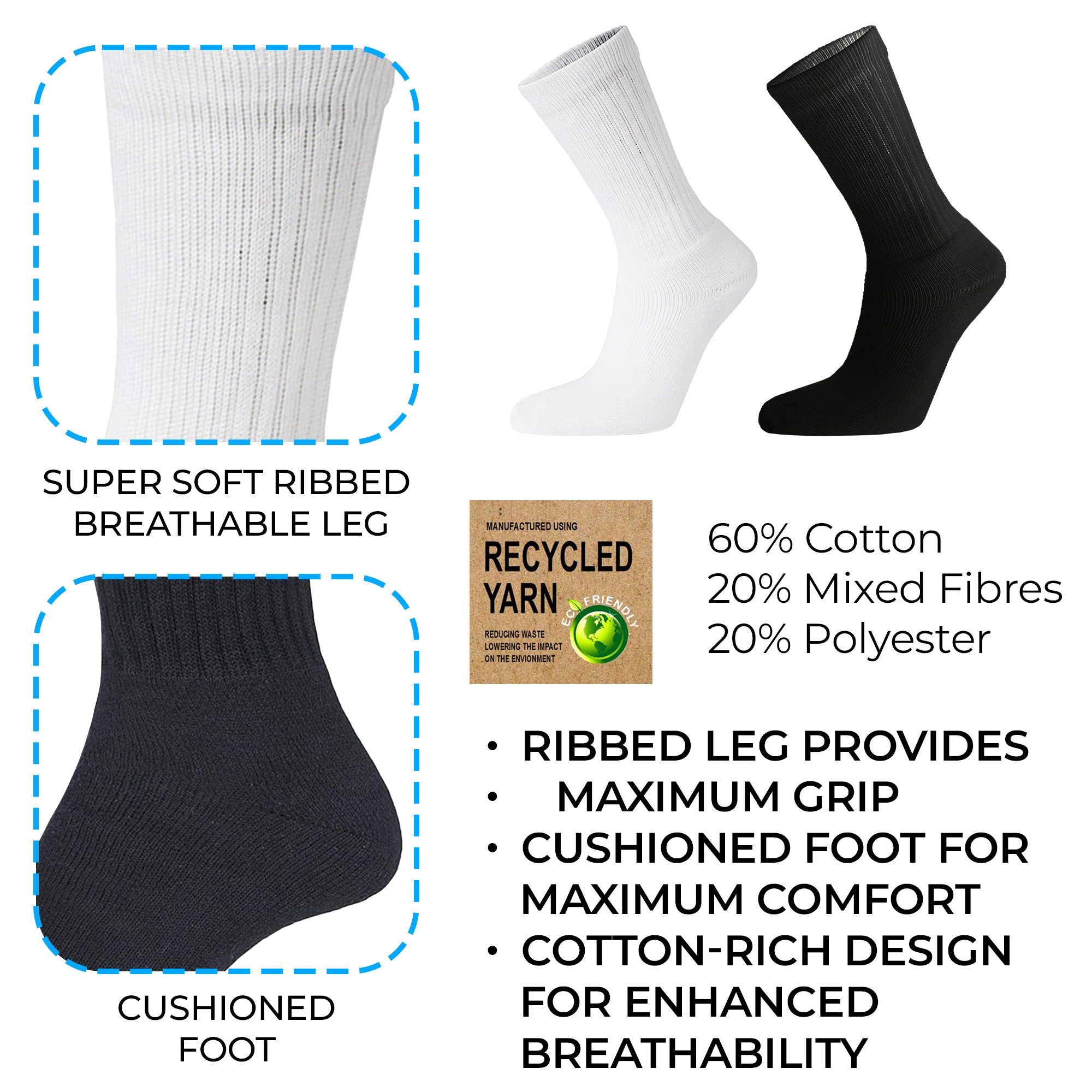 Mens Cotton Rich Sport and Work Socks Work Socks - Black, White and Mix (12 Pack)