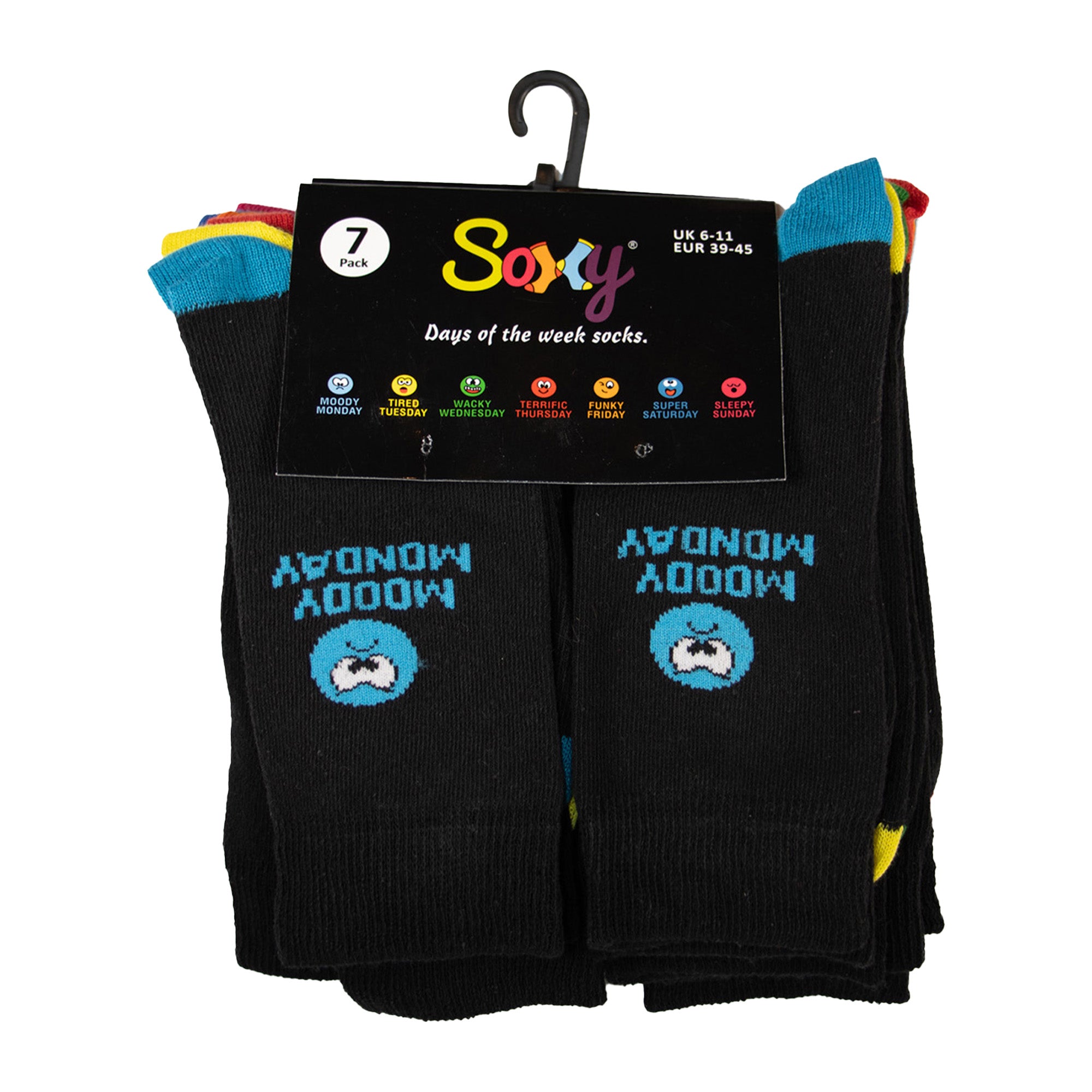 Boys and Girls Mood of the Week Novelty Socks - Black with Assorted Heel and Toes (7 Pack)