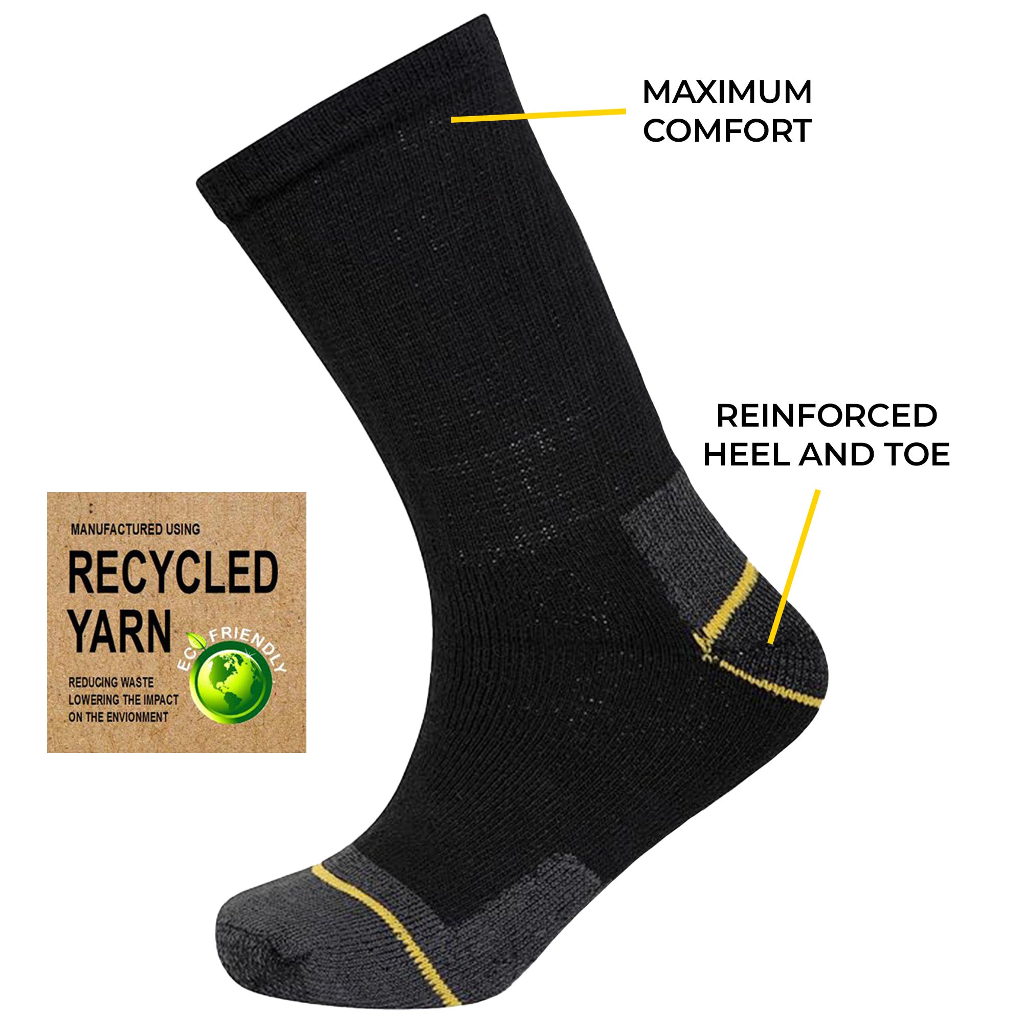 Mens Heavy Duty Extra Long Work Socks, Safety/Steel Toe Boot Socks - Black