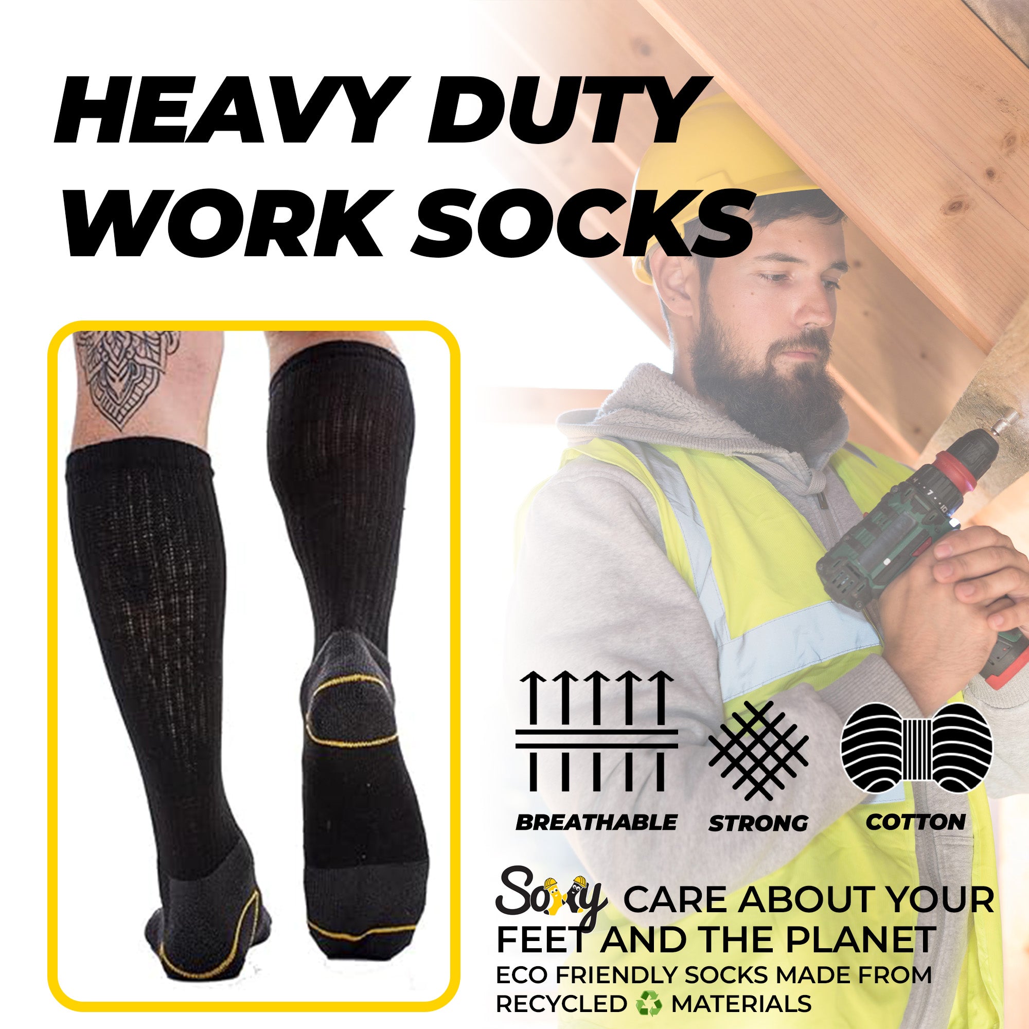 Mens Heavy Duty Extra Long Work Socks, Safety/Steel Toe Boot Socks - Black