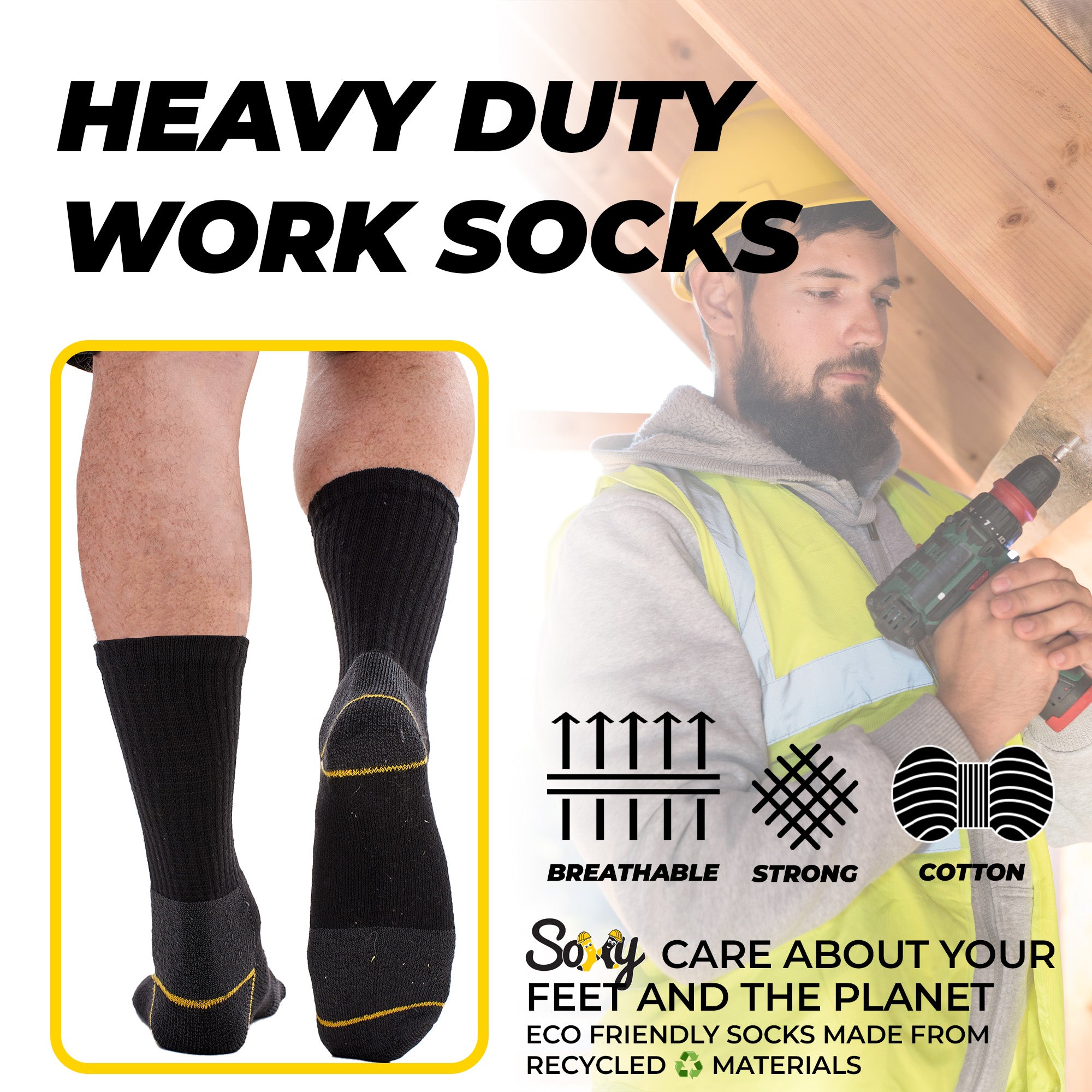 Mens Heavy Duty Work Socks, Safety/Steel Toe Boot Socks - Black (12 Pack)