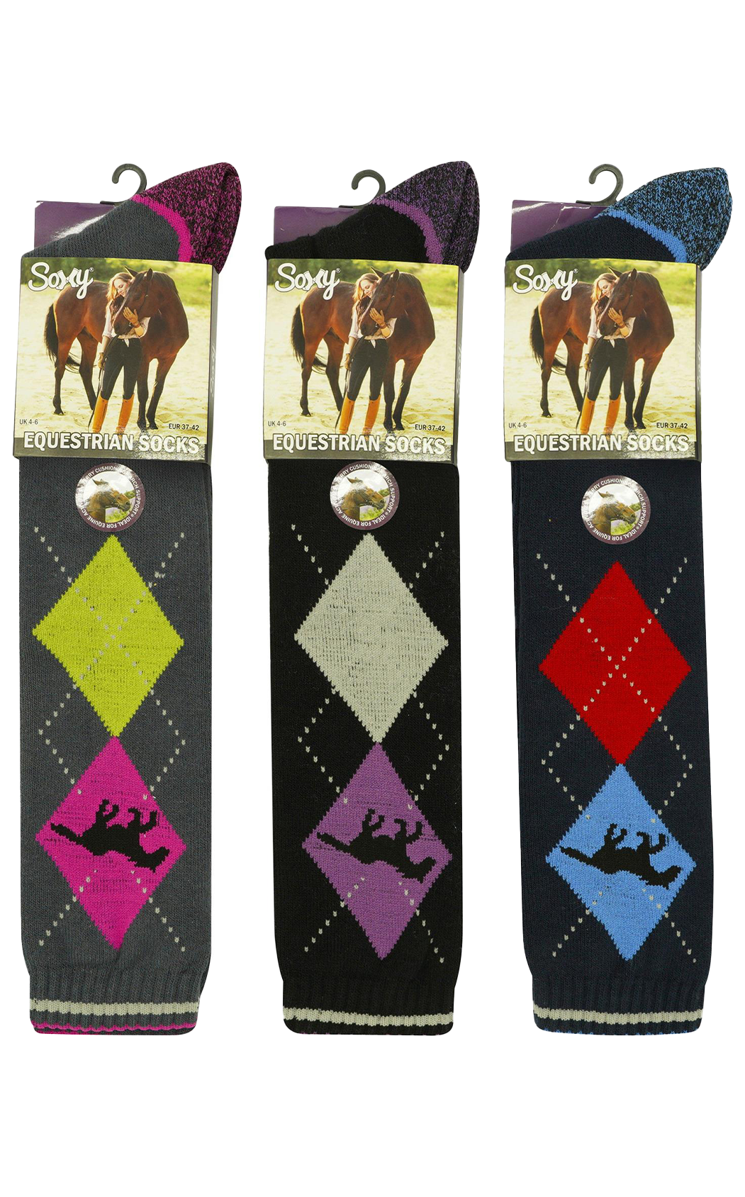 Ladies Equestrian Socks - Performance Riding Socks Horse Argyle Design - Walking, Country, Riding Boot Socks (3 Pack)