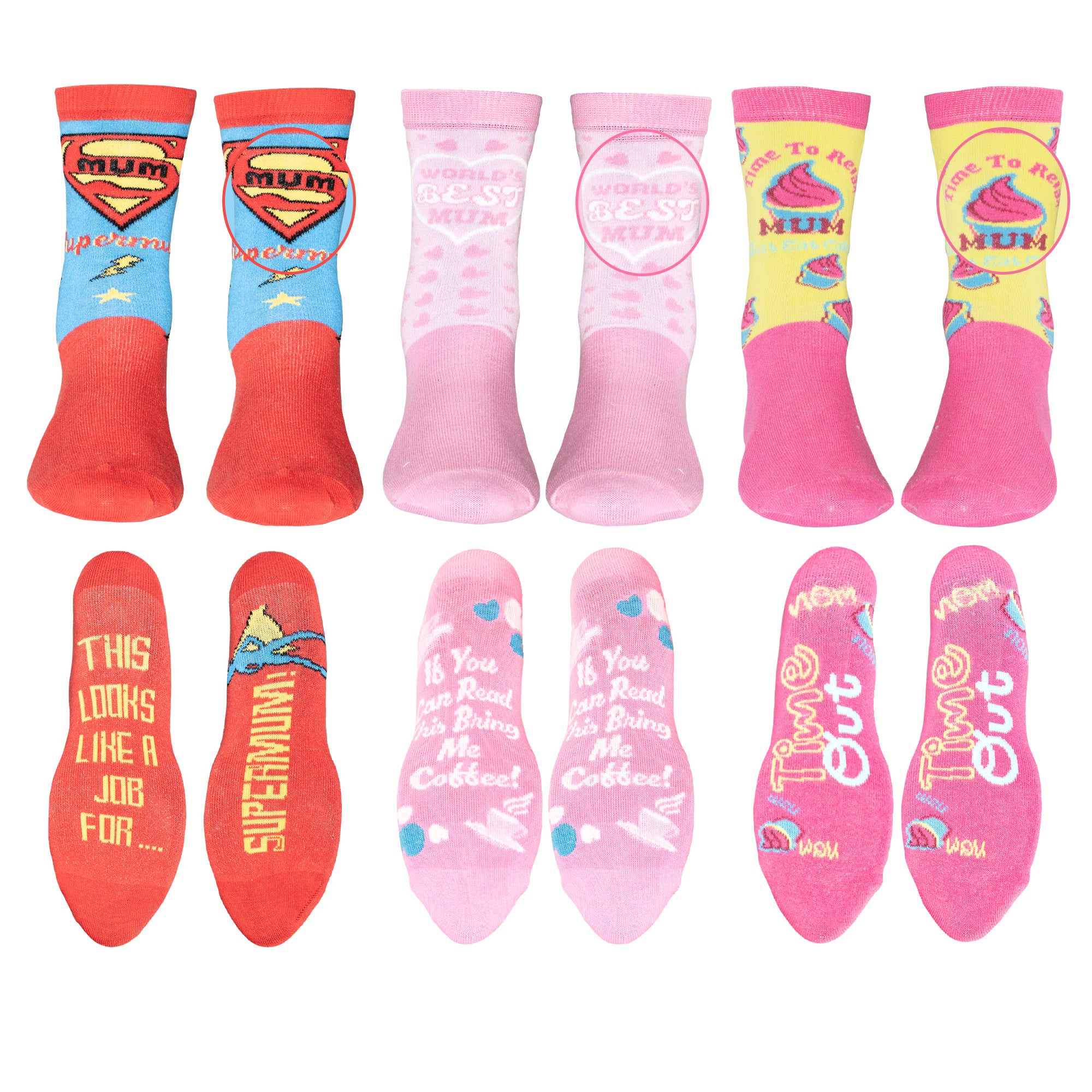 Best Mum Socks - 6 Pack - Fun Designs - Combed Cotton Rich