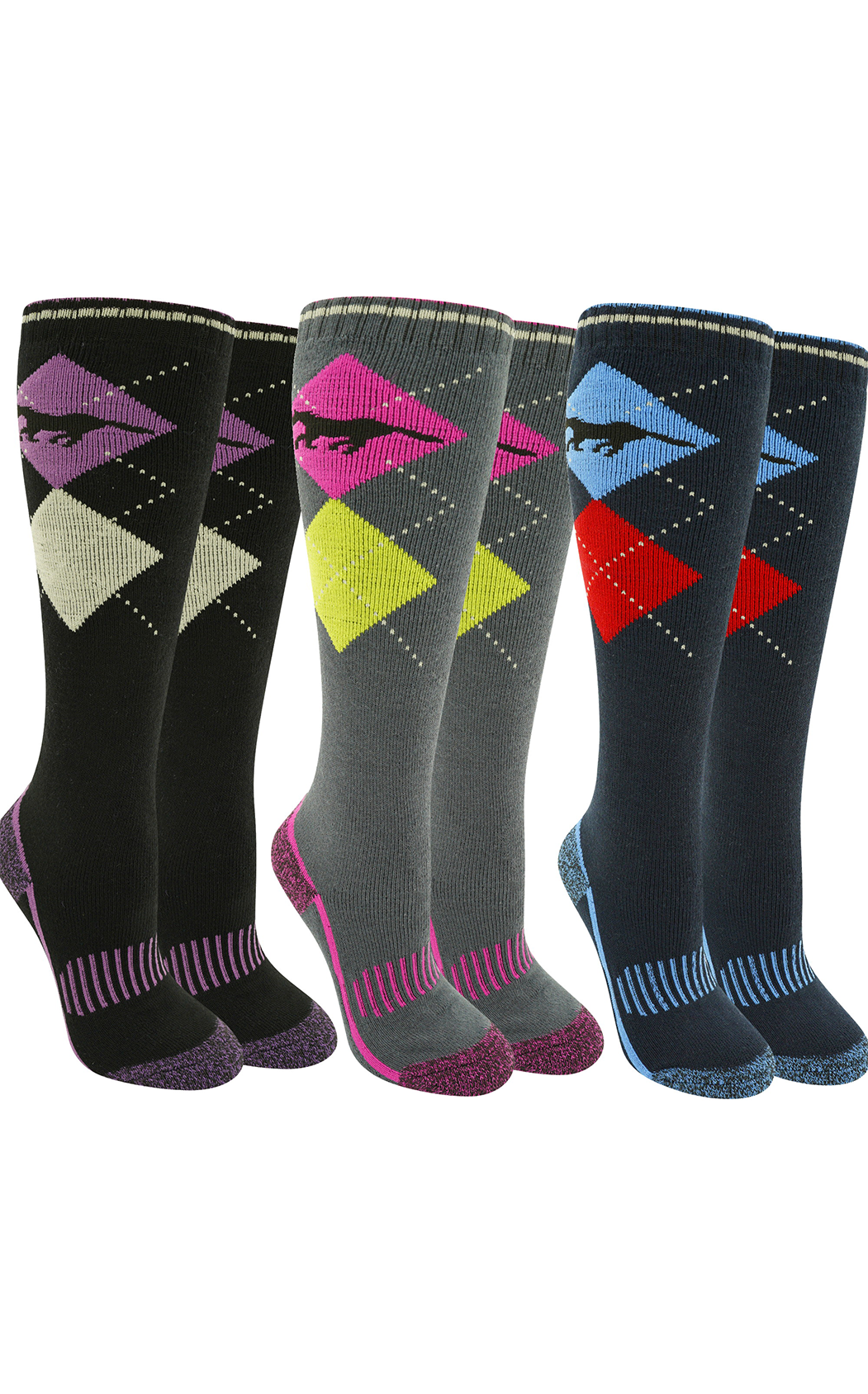 Ladies Equestrian Socks - Performance Riding Socks Horse Argyle Design - Walking, Country, Riding Boot Socks (3 Pack)