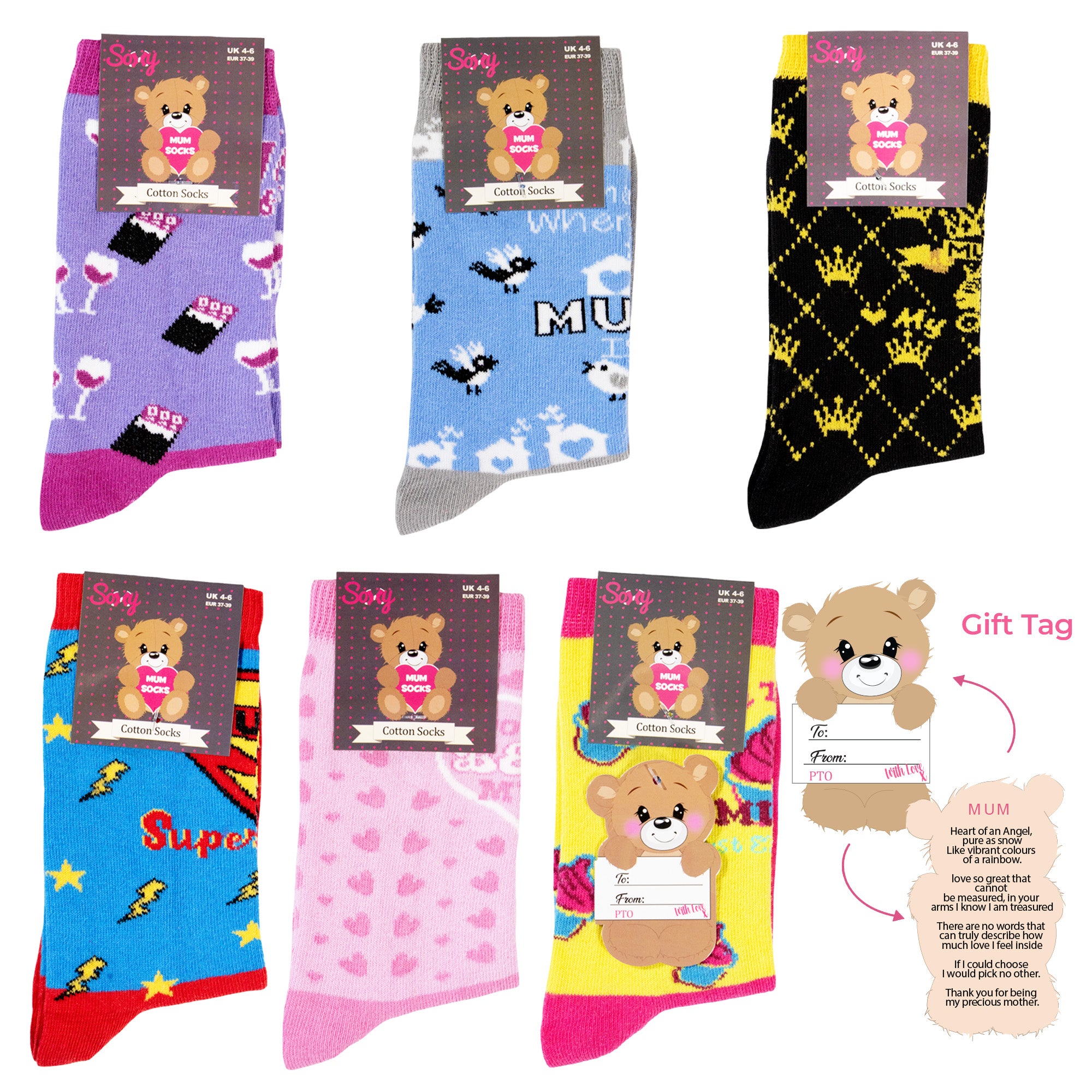 Best Mum Socks - 6 Pack - Fun Designs - Combed Cotton Rich